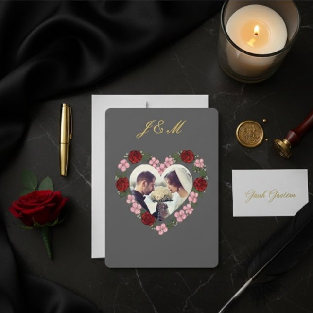 Convites Invitation Slate Grey Gold Rose Heart Wedding (Criador carregado)