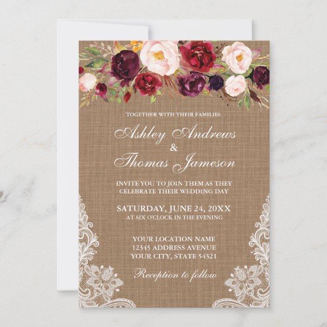 Convites Invite Luzes Florais De Burlap Rustic Casamento (Frente)