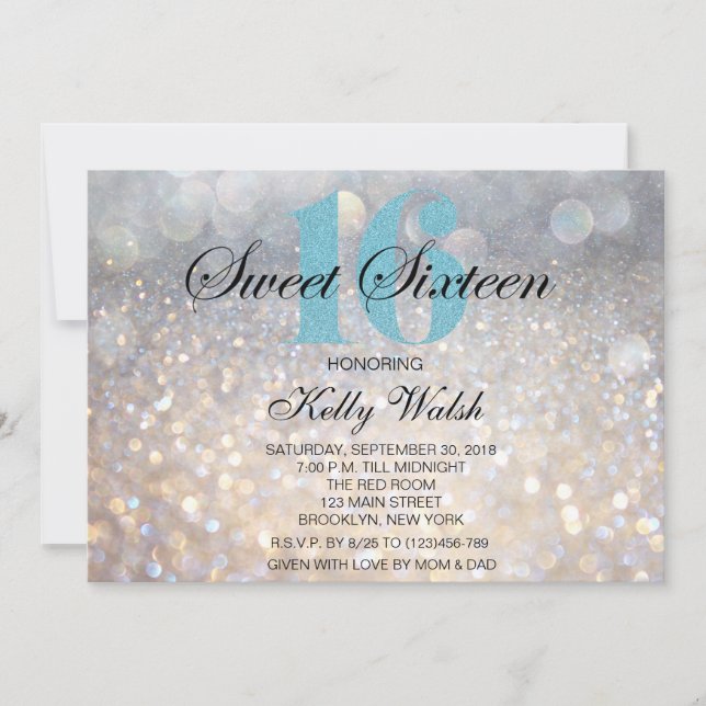 Convites Iridescente Sweet 16 Light Blue Glitter Invitation (Frente)