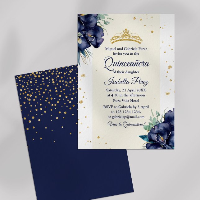 Convites Íris Azul Marinho e Tiara de Brilho Quinceanera (Navy Blue Iris and Glitter Tiara Quinceanera Invitation on off-white background.)
