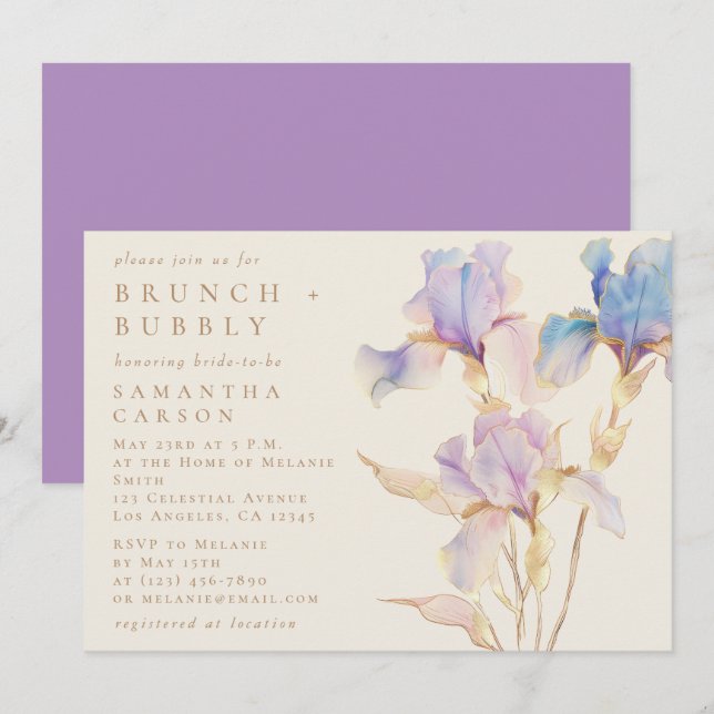 Convites Iris Floral Watercolor Brunch e Bubble (Frente/Verso)