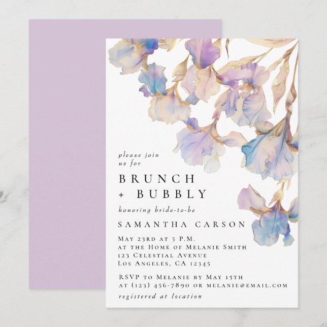 Convites Iris Floral Watercolor Brunch e Bubble (Frente/Verso)