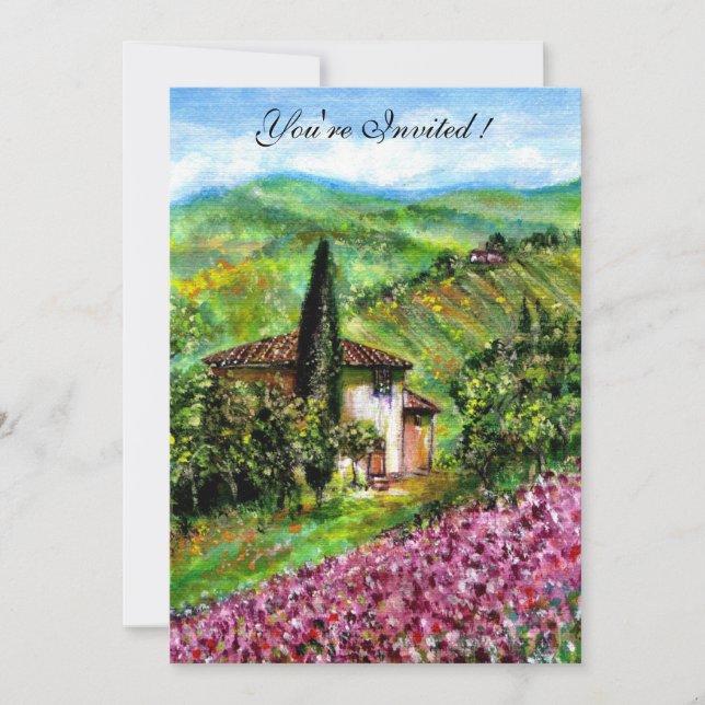 Convites ÍRIS NA TOSCANA,Campo de Flores Verde Roxo (Frente)