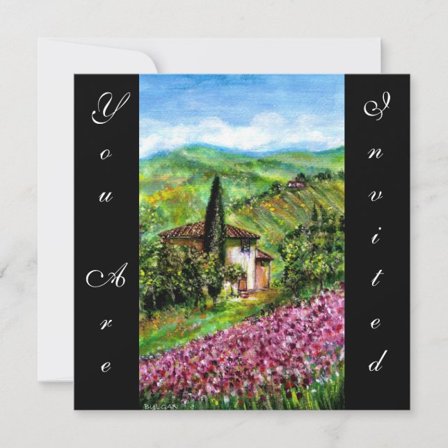 Convites ÍRIS NA TOSCANA, Campo de Flores Verde Roxo, Preto (Frente)