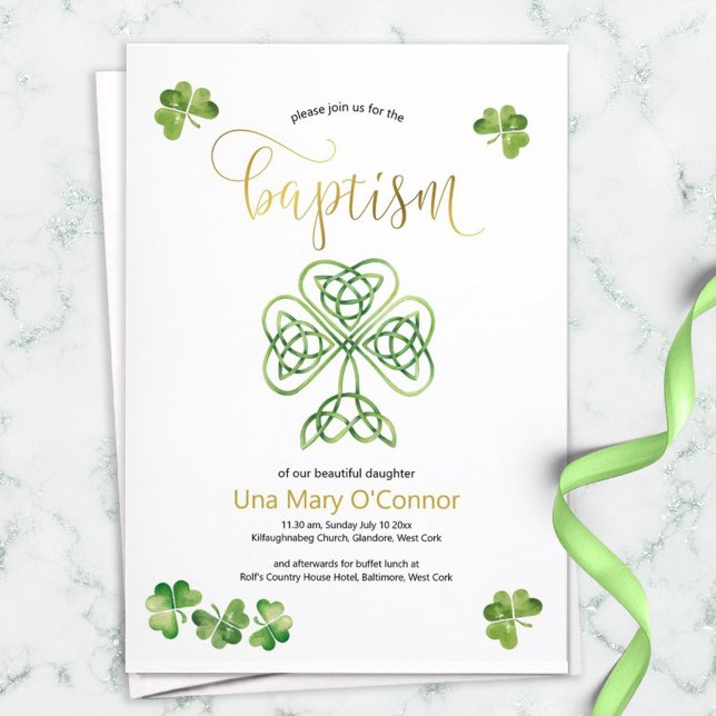 Convites Irish Baby Baptism Celtic Knot & Dourado Script (Criador carregado)