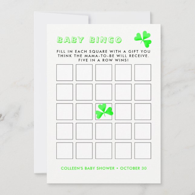 Convites Irish Leprechaun Lucky Shamrock Baby Bingo (Frente)