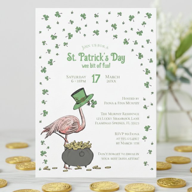 Convites Irish Shamrock Flamingo St Patrick's Day Party (Funny Irish Flamingo St Patrick's Day Party Invitations. Green Shamrocks, Clovers, Leprechaun Hat)