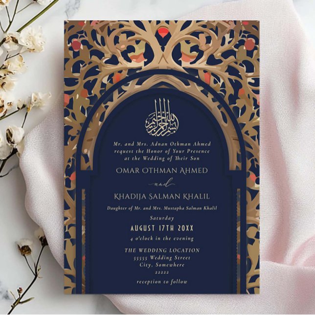 Convites Islamic Navy Blue Mihrab Arabesque Wedding (Criador carregado)