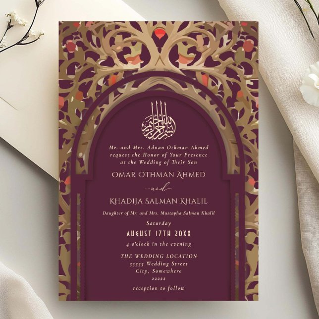 Convites Islamic Red Maroon Mihrab Arabesque Wedding (Criador carregado)