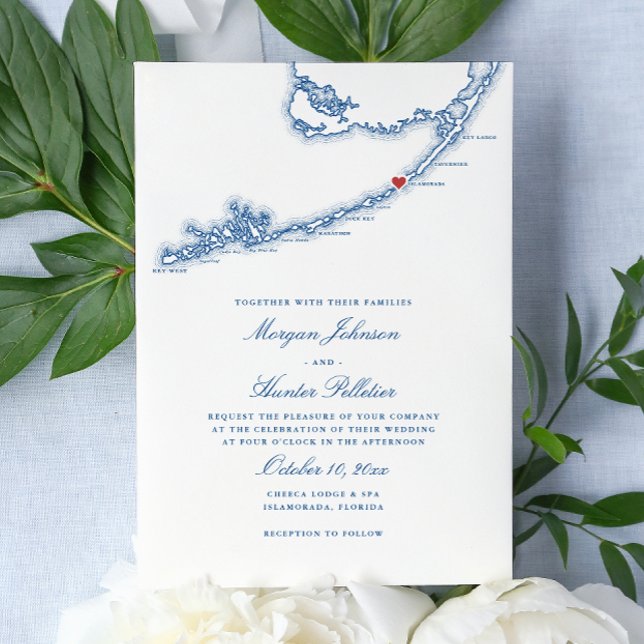 Convites Islamorada FL Mapa Casamento Azul Elegante Marinho (Islamorada Florida Keys Wedding Invitation in Elegant Navy Blue from Coastal Map Designs)
