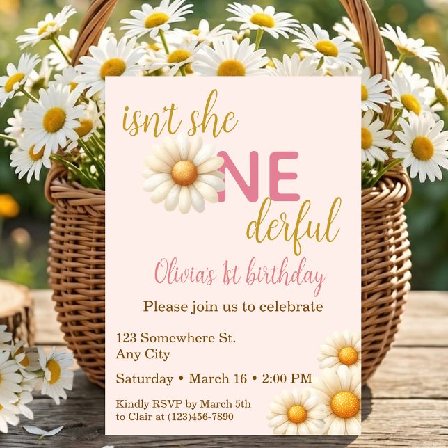 Convites Isn't She One-derful 1st Birthday Watercolor Daisy (Isn't She One-derful 1st Birthday Watercolor Daisy Invitation)