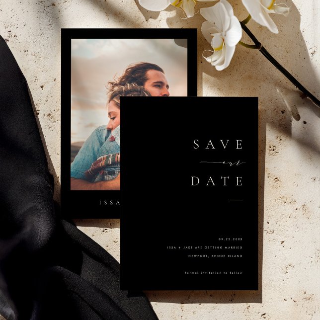 Convites ISSA Black Elegant Save the Date Invite with Photo (Criador carregado)