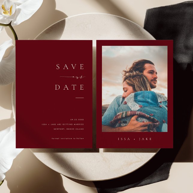 Convites ISSA Bugundy Elegant Save the Date Photo Invite (Criador carregado)