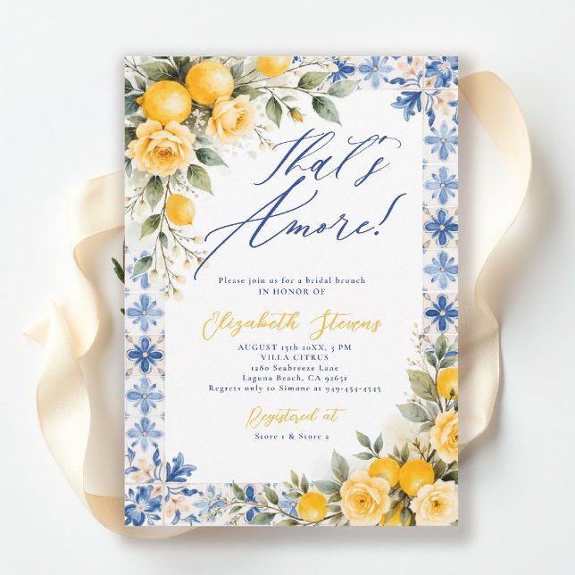 Convites Isso é Amore Azulejo Azul Limão Chuveiro de Noiva  (thats amore bridal shower theme lemon blue tile frame italian summer invitation yellow floral script)