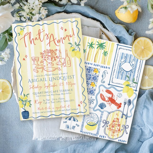 Convites Isso é Amore Desenho à Mão Casamento à Beira-Mar (That's Amore yellow and blue coastal Italian Mediterranean tiles and lemons bridal shower invitation)