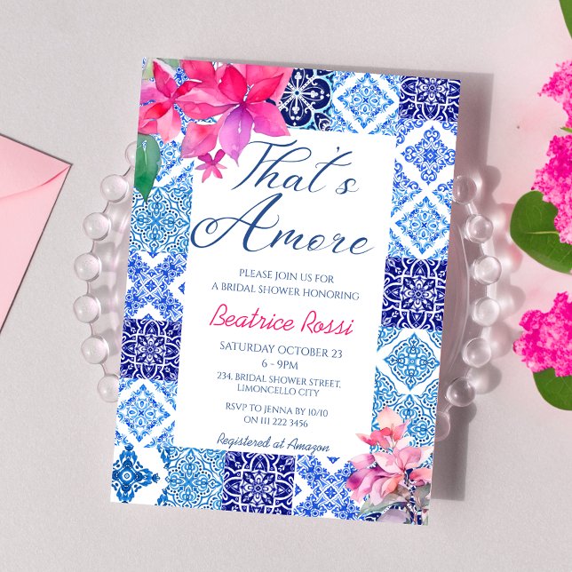 Convites Isso é Azulejos Azuis Chá de panela Floral (That's Amore Blue Tiles Floral Bougainvillea Bridal Shower Invitation)