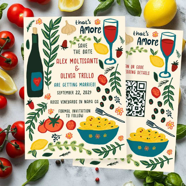 Convites Isso é Comida Italiana Amore SALVE A DATA QR perso (That's Amore Italian Food SAVE THE DATE Custom QR Invitation
)