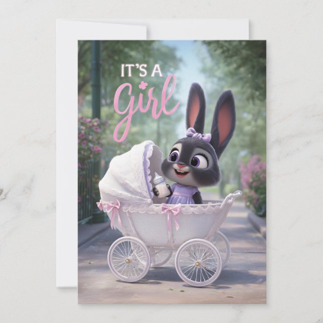 Convites It’s a Girl: Baby Bunny in Pink Lace Stroller (Frente)