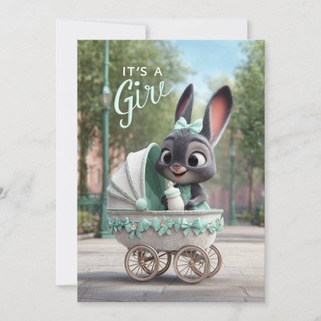 Convites It’s a Girl Baby: Cute Bunny in Green Stroller (Frente)