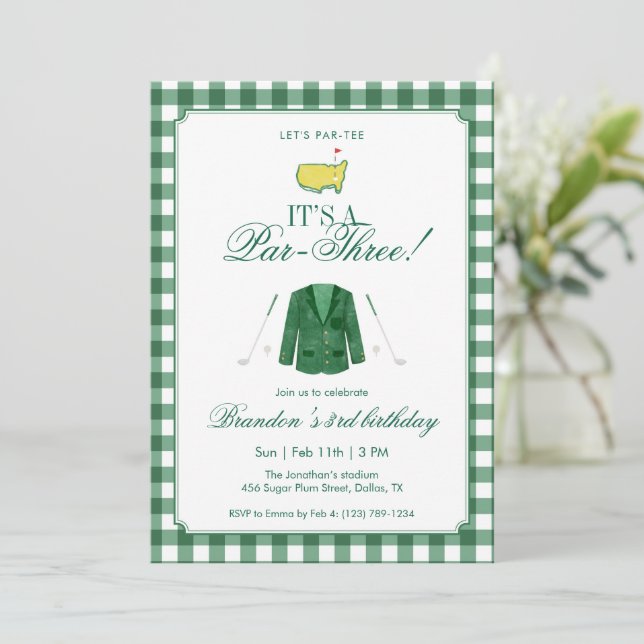 Convites It’s A Par-Three Golf 3rd Birthday Green Gingham (Em pé/Frente)