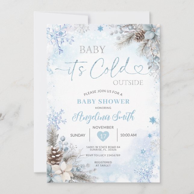 Convites It’s Cold Outside Blue Winter Baby Shower  (Frente)