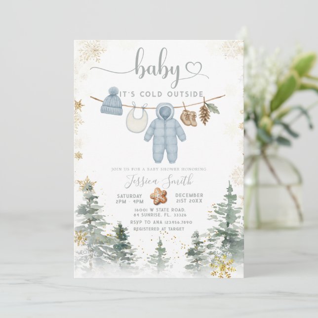 Convites It’s Cold Outside Woodland Baby Shower Invitation  (Em pé/Frente)