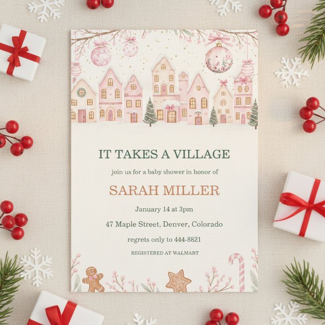 Convites It Takes a Village Baby Shower Invitation ("pink christmas village")
