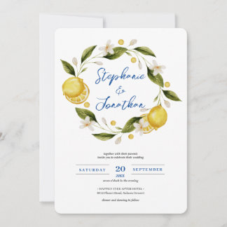 Convites Italia Blue Watercolor Lemon Calliografia Casament