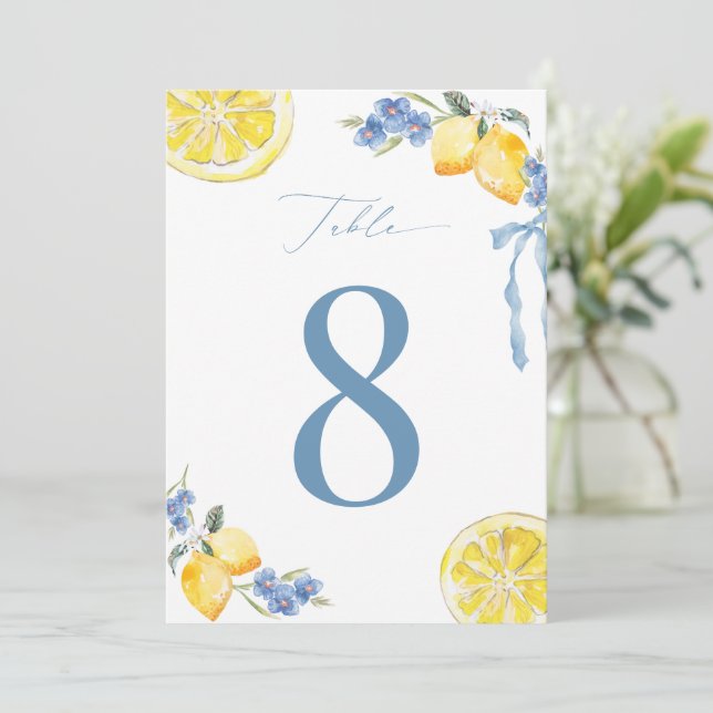 Convites Italian Blue Bow Lemon Wedding 5x7 Table Number (Em pé/Frente)