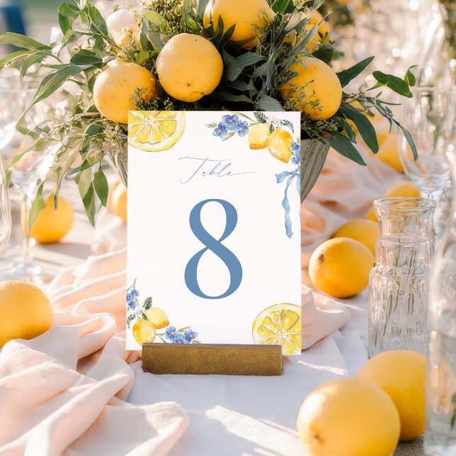 Convites Italian Blue Bow Lemon Wedding 5x7 Table Number (Criador carregado)