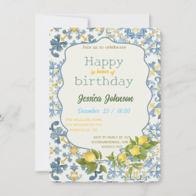 Convites Italian Blue Tile Lemon Invitation (Frente)