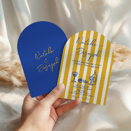 Convites Italian Blue Yellow Hand Written Arched Wedding