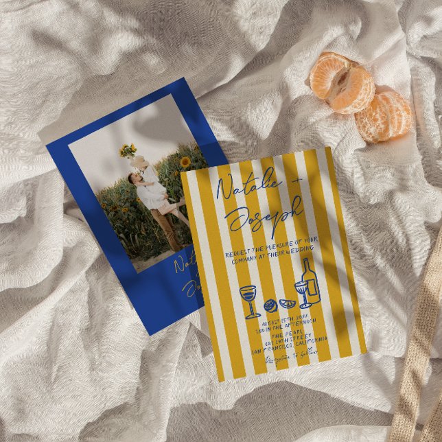 Convites Italian Blue Yellow Hand Written Photo Wedding (Criador carregado)