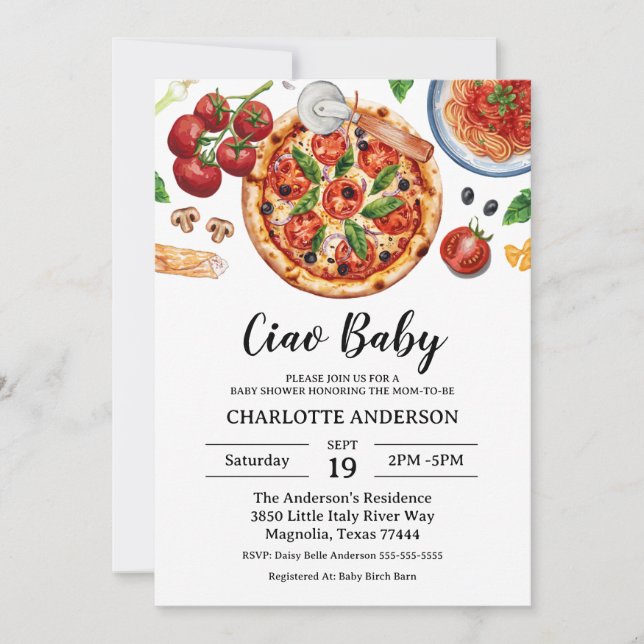 Convites Italian Ciao Baby Pizza Red Baby Shower  (Frente)