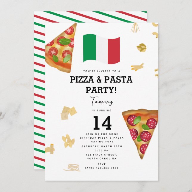 Convites Italian Food Pizza & Pasta Making Birthday Party (Frente/Verso)