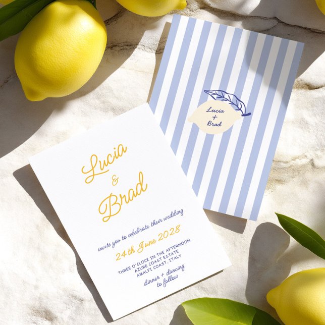 Convites Italian Hand Written Yellow & Blue Stripes Wedding (Italian Hand Written Yellow & Blue Stripes Wedding Invitation)