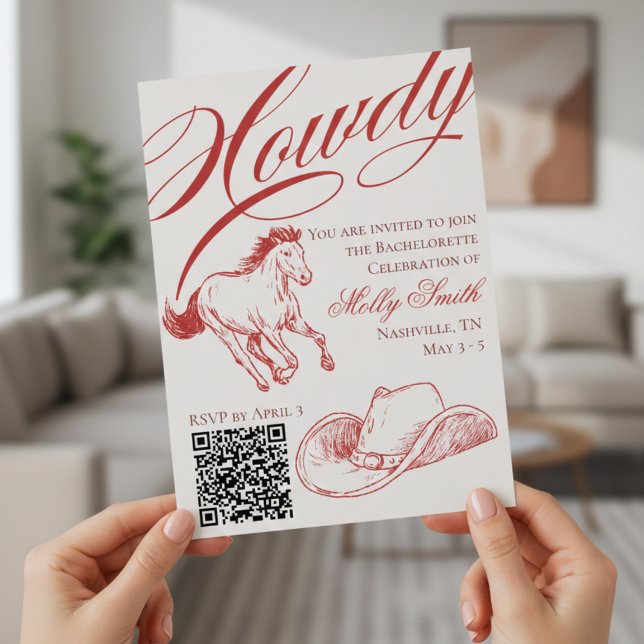 Convites Itinerário da Bachelorette Vermelha Ocidental Ilus (Illustrated Western Red Bachelorette Itinerary Invitation)