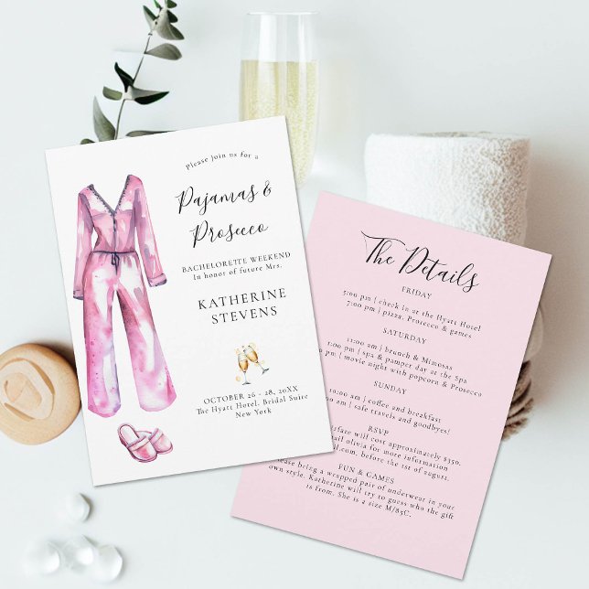 Convites Itinerário da Festa de solteira Chic de Pijamas Pr (pajamas and prosecco bachelorette party invitation itinerary watercolor pj slippers champagne classy)