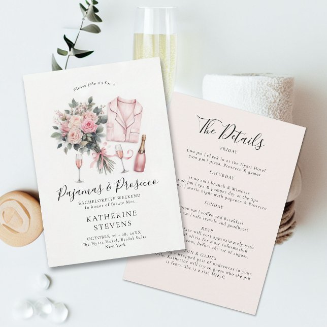 Convites Itinerário da Festa de solteira de pijamas Prosecc (pajamas prosecco bridal shower bachelorette invitation champagne roses lingerie pj elegant classy)
