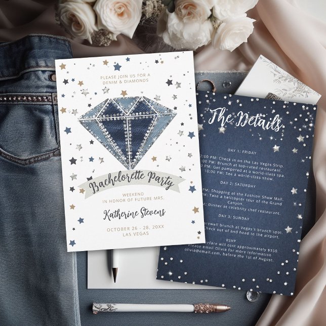 Convites Itinerário da Festa de solteira Diamantes de Denim (denim and diamonds bachelorette party itinerary invitation template elegant classy modern chic white)