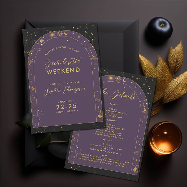 Convites Itinerário da Festa de solteira do Arco Celestial (new orleans nola celestial mystical horoscope tarot bachelorette party itinerary boho arch gold star)