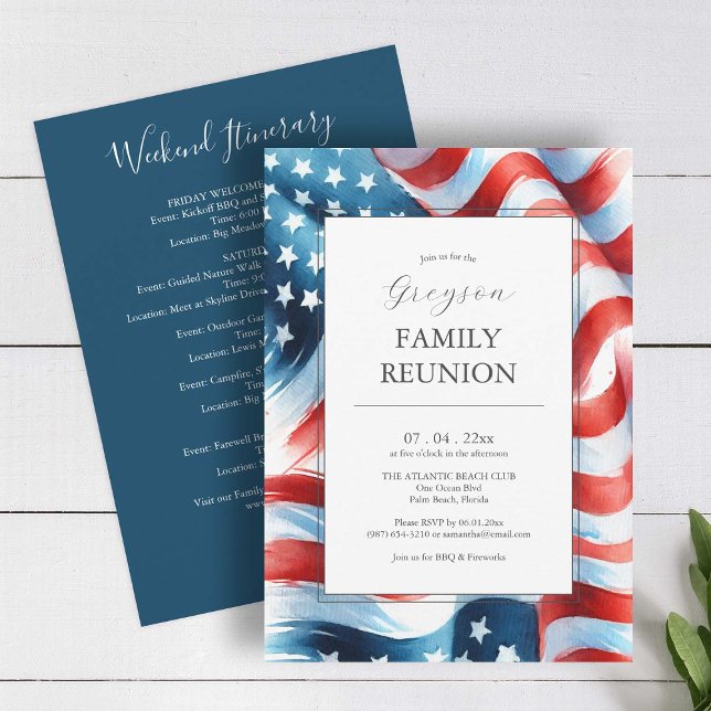 Convites Itinerário da Reunião de Família Patriótica Modern (American flag family reunion invitations red white and blue with weekend itinerary)