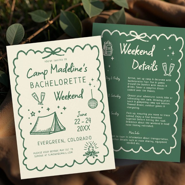 Convites Itinerário de acampamento Desenhado de Arco de Bac (camp bachelorette invitation itinerary camping hiking mountains nature glamping green hand drawn)
