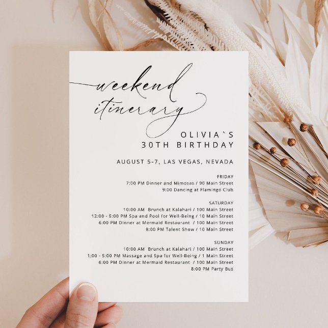 Convites Itinerário de Aniversário de Fim de Semana em Ouro (Birthday Bridal Shower Weekend Itinerary Card)