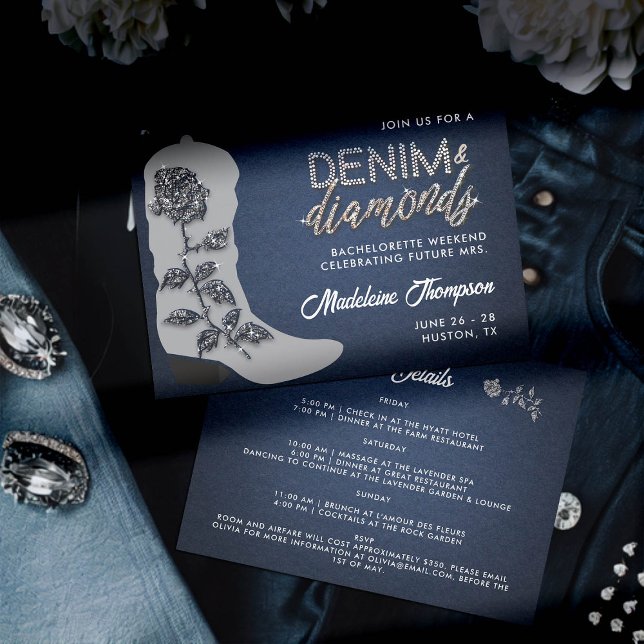 Convites Itinerário de Boot Bachelorette de Ouros Denim (denim and diamonds bachelorette party itinerary invitation grey cowgirl boot rose bling country glam)