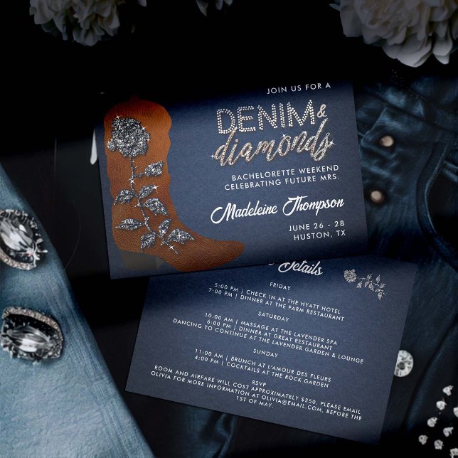 Convites Itinerário de Boot Bachelorette de Ouros Denim (denim and diamonds bachelorette party weekend itinerary classy bling cowgirl boot blue jeans theme)