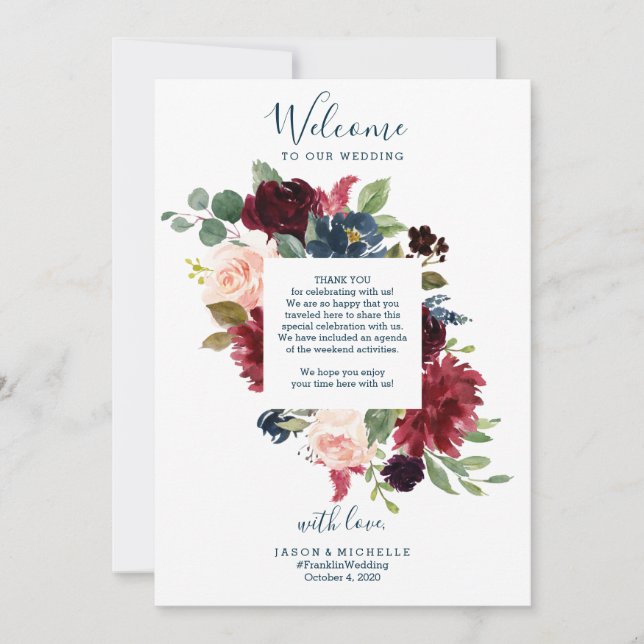 Convites Itinerário de Casamento Carta de Boas-Vindas do Ho (Frente)