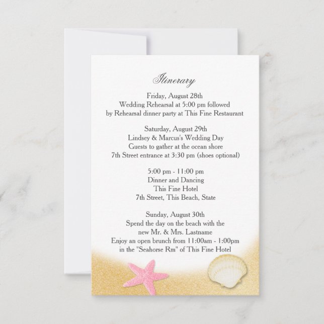 Convites Itinerário de Casamento Sparkle Beach Seashell Ros (Frente)