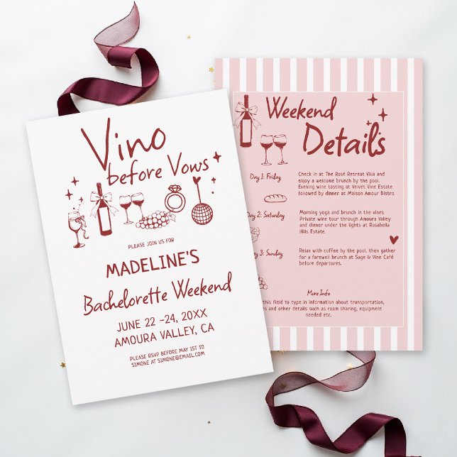 Convites Itinerário de Degustação de Vinho da Despedida de  (winery bachelorette party invitation wine tasting girls trip weekend burgundy red pink stripes napa )