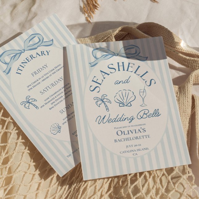 Convites Itinerário de Despedida de Solteira Conchas e Sini (seashells and wedding bells bachelorette invitations)